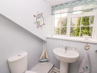 a bathroom with a sink and a toilet and a window at Fisher Granary in Lampeter