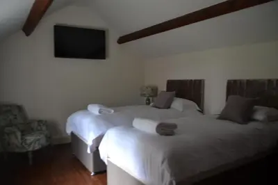 two beds in a room with a tv on the wall at The Nags Head in Montgomery