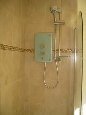 a bathroom with a shower with a glass door at 19 Upper Linney in Ludlow