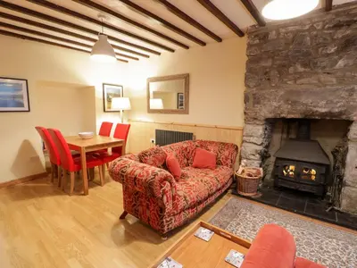 a living room with a couch and a fireplace at Edrydd in Harlech