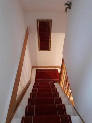 a staircase with red carpeting and a window at The Barn Annexe, Cefn-Yr-Allt in Crickadarn