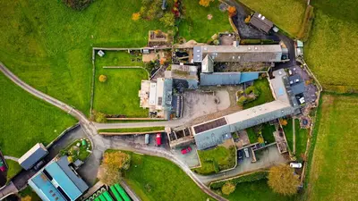 an aerial view of a building in a field at Ty Newydd B&B in Brecon
