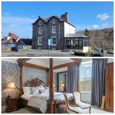 a bedroom with a bed in front of a house at LLys Aeron 