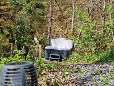 a tv sitting on the ground in the woods at Nyth Y Goedwig in Dolgellau