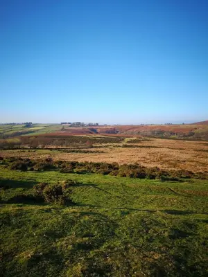 an open field with green grass and a blue sky at Pen-Rhos luxury glamping 