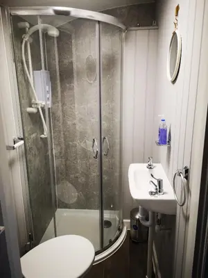 a bathroom with a shower and a toilet and a sink at Pen-Rhos luxury glamping 