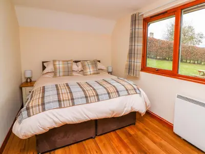a bedroom with a bed and a window at Pines Pitch in Knighton