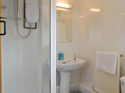 a white bathroom with a sink and a shower at Woodland View-Uk11826 in Llandefaelogfâch
