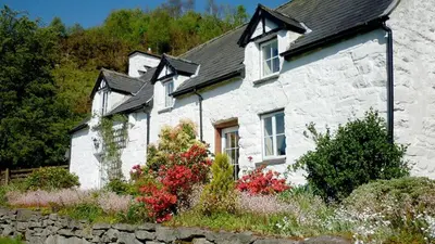a white stone house with a stone wall at Maes Glas in Mallwyd