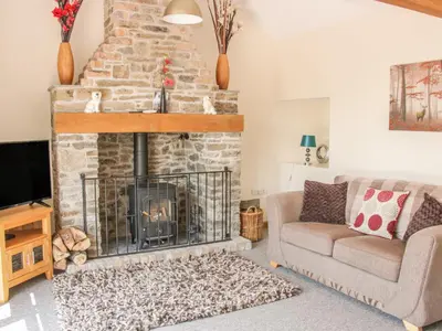 a living room with a fireplace and a couch at The Boundary Annex in Bishops Castle