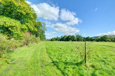 a field of green grass with a dirt road at 2 Bed in Crugybar oc-waw324 in Llansawel