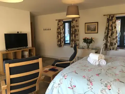 a bedroom with a bed and a tv in a room at Garden Room near Brecon in Brecon