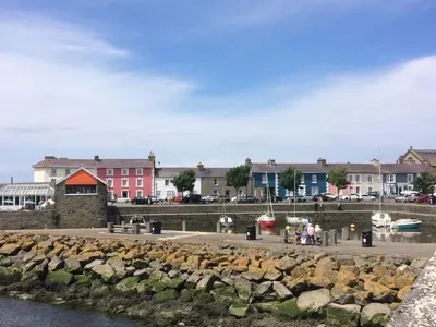 a view of a harbor with buildings in the background at Mill Cottage in Llanddeiniol
