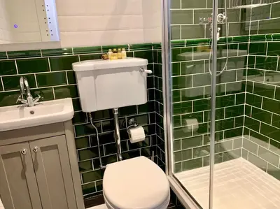 a green tiled bathroom with a toilet and a shower at The Royal in Barmouth