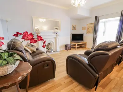 a living room with two leather couches and a fireplace at Abermaw Views in Barmouth