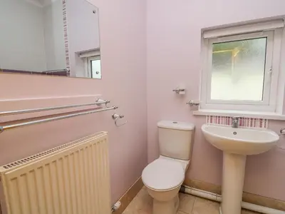 a bathroom with a toilet and a sink and a window at Hen Brynbedw in Llanybydder
