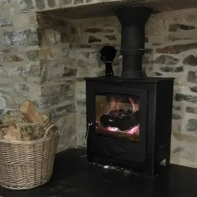 a black stove in a stone fireplace with a basket at Ffyllon Fawr in Henfynyw Upper