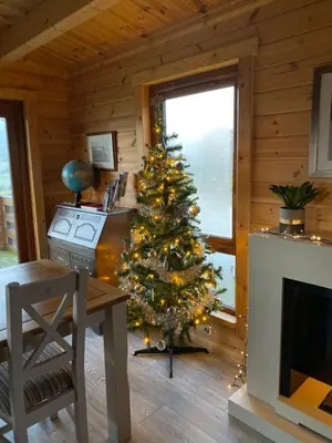 a christmas tree in a room with a fireplace at RedWood Lodge in Ludlow
