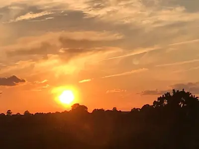 a sunset over a field with trees in the foreground at RedWood Lodge in Ludlow