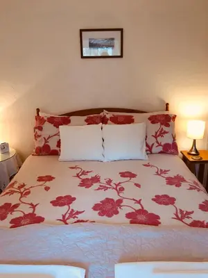 a bedroom with a bed with red flowers on it at Aber Cottage B&B in Dolgellau
