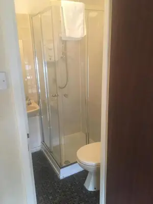 a bathroom with a shower and a toilet and a sink at Crown Inn in Rhayader