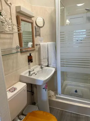 a small bathroom with a sink and a shower at Greylands Guest House in Llandrindod Wells
