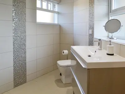 a bathroom with a toilet and a sink and a mirror at Cornel Clyd Cosy Corner in Cilcennin