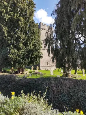 a building in a park with trees and bushes at Penybont Barn in Llangorse