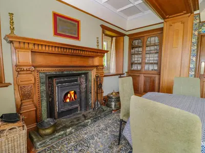 a bedroom with a fireplace and a bed at Plas Gwynfryn in Llanbedr