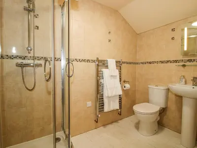 a bathroom with a shower and a toilet and a sink at The Mill House in Shrewsbury