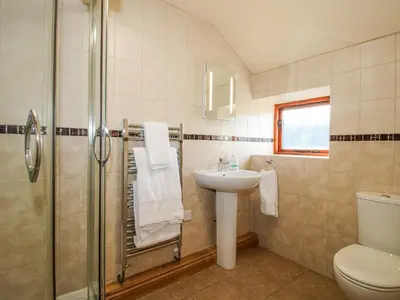 a bathroom with a shower and a sink and a toilet at The Mill House in Shrewsbury