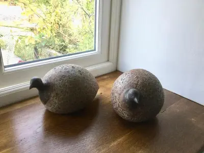 two stone birds sitting on a wooden floor near a window at Cuckoo Barn at Penygaer farm near the Brecon Beacons in Llandovery