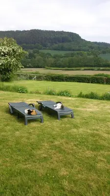 two picnic tables sitting on a field of grass at Upper Letton Farm in Leintwardine