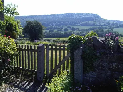 a wooden fence in a garden with flowers at Upper Letton Farm in Leintwardine