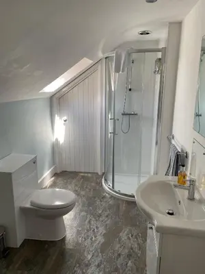 a bathroom with a shower and a toilet and a sink at Oceandrive in Barmouth
