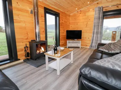 a living room with a fireplace in a log cabin at Bryn Eiddon Log Cabin in Machynlleth