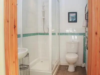 a bathroom with a shower and a toilet and a sink at Cranberry Cottage in Shrewsbury