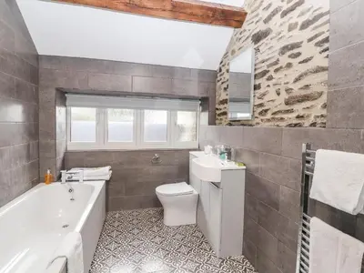a bathroom with a tub and a toilet and a sink at Cut Moch, Plas Moelfre Hall Barns in Oswestry