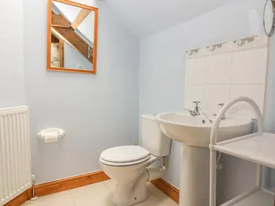 a white bathroom with a toilet and a sink at Felin Iago in Aberystwyth