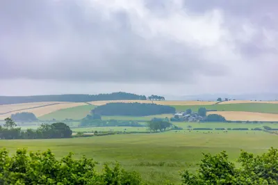 a green field with a farm in the distance at Corndon Pod in Shrewsbury