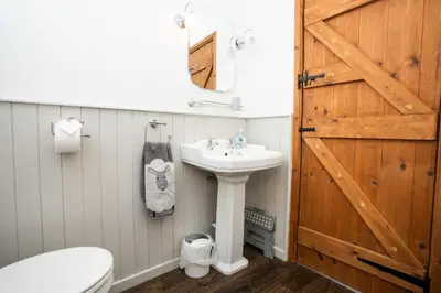 a bathroom with a white sink and a wooden door at Gellibant Cottage in Llanbedr