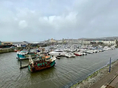 a group of boats are docked in a harbor at 46 Y Lanfa in Aberystwyth