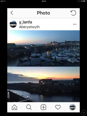 two pictures of a harbor with boats in the water at 46 Y Lanfa in Aberystwyth