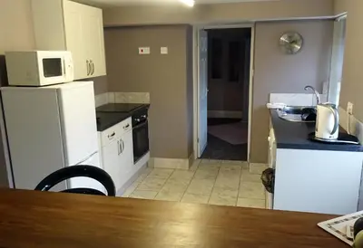 a kitchen with a white refrigerator and a microwave at Beechwood House in New Quay
