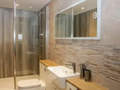 a bathroom with a sink and a shower at Alders View Coach House in Craven Arms