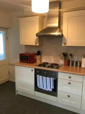 a kitchen with a stove and a microwave at Aelfor Cozy Cottage in Barmouth