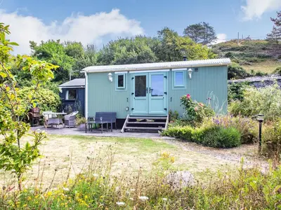 a blue tiny house in a garden at The Shepherd's Hut in Aberdyfi