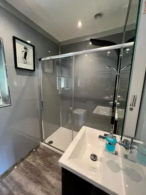 a bathroom with a shower and a white sink at Gamelin in Llangollen