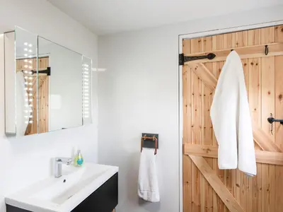 a bathroom with a sink and a wooden door at Haka Lodge in Aberystwyth