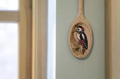 a wooden spoon hanging on a wall next to a door at Finest Retreats - 1 Bed Llangollen Cottage - Sleeps 2 in Llangollen